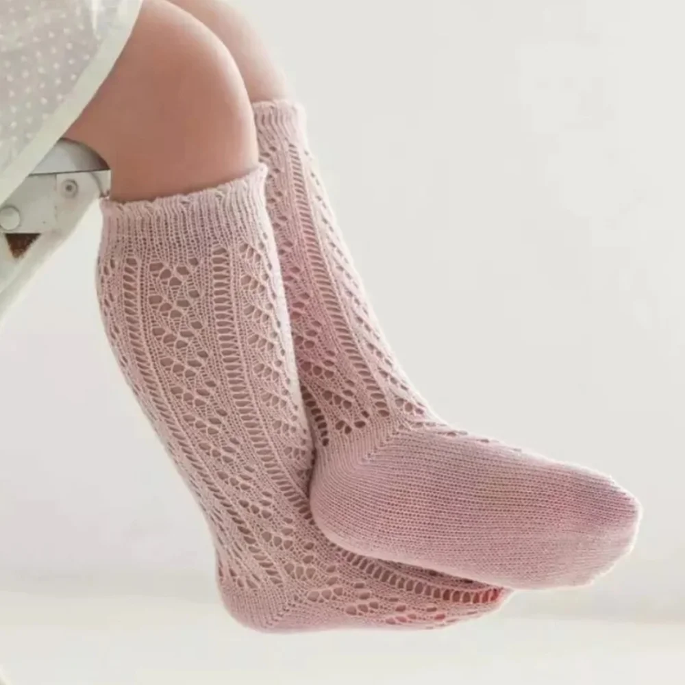 Boho Baby Girl Knee High Blush Pink Trouser Socks Satin Bowknot Ruffle Accessory